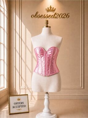 Holographic Pink Strapless Front-Zip Waist-Cincher Corset